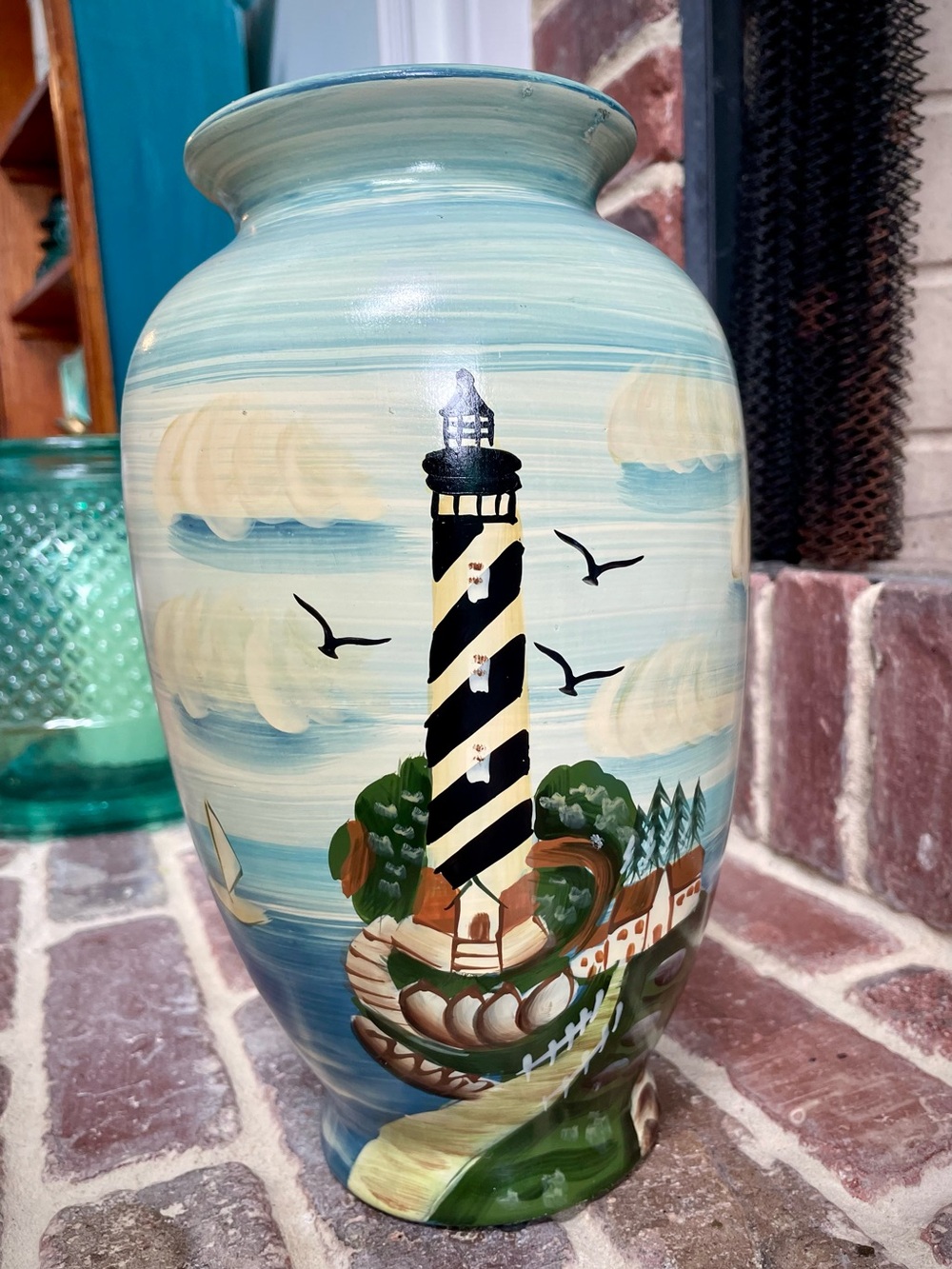 MayRich Coastal Lighthouse Hand-Painted Decorative Vase – 12” Nautical Decor